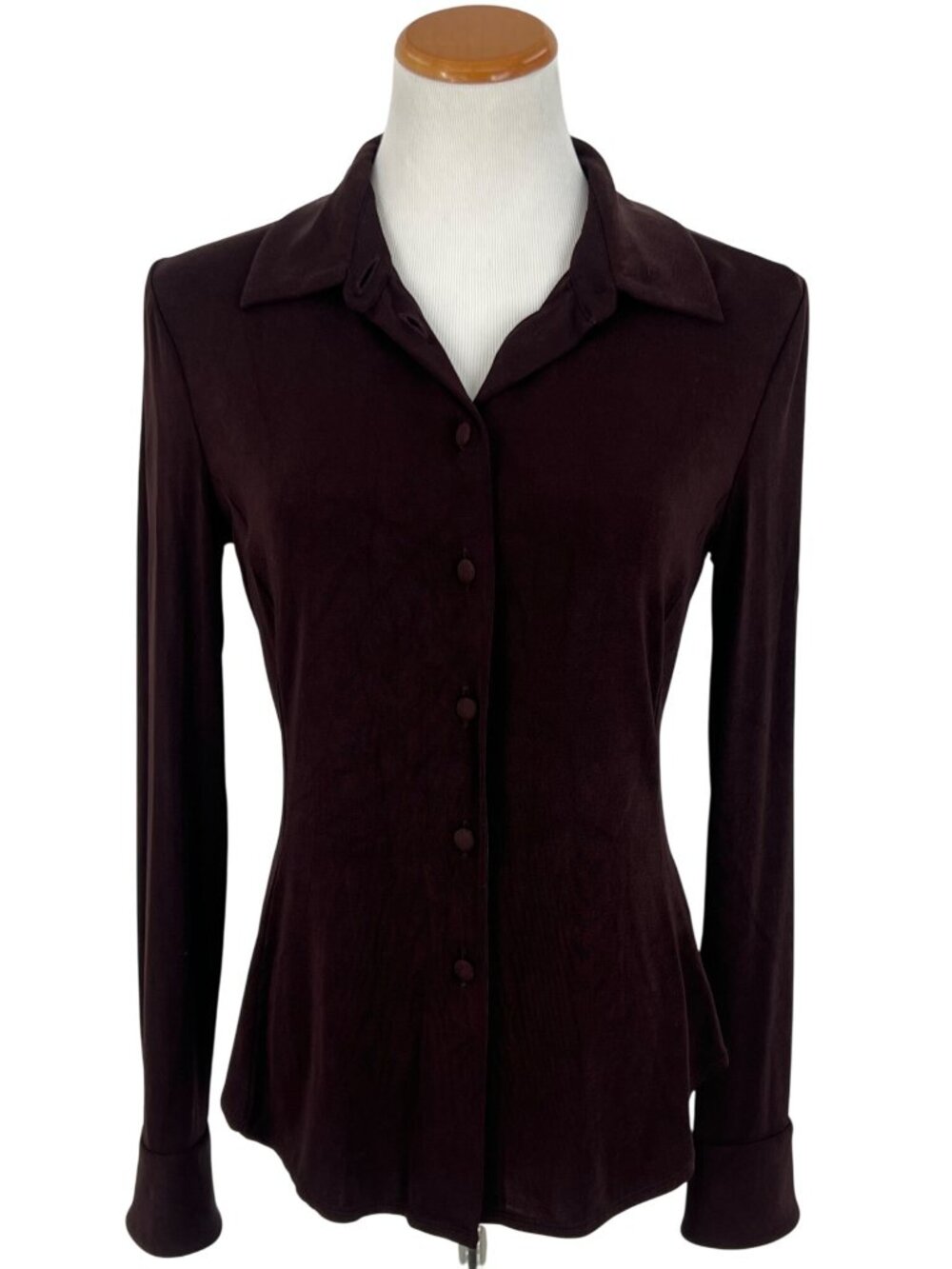 VTG Armani Oxblood Button-Up Top 10 | Office Siren Femme Fatale Quiet Luxury Y2K - Picture 2 of 13